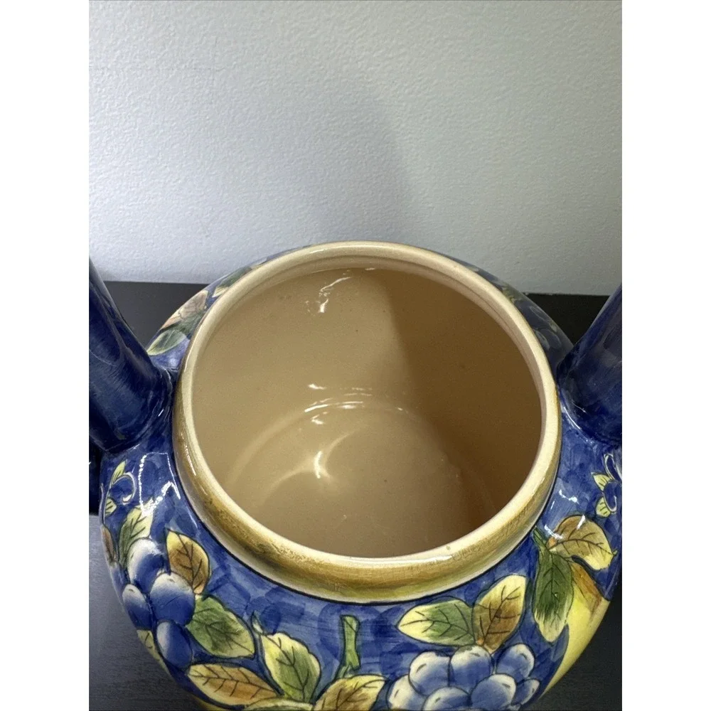 Lg Vtg Ceramic Pottery Teapot With‎ Lid Colorful Cobalt Blue Yellow Pears